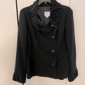 Armani jacket, button down, ruffle detail on collar and sleeves, structure roomy